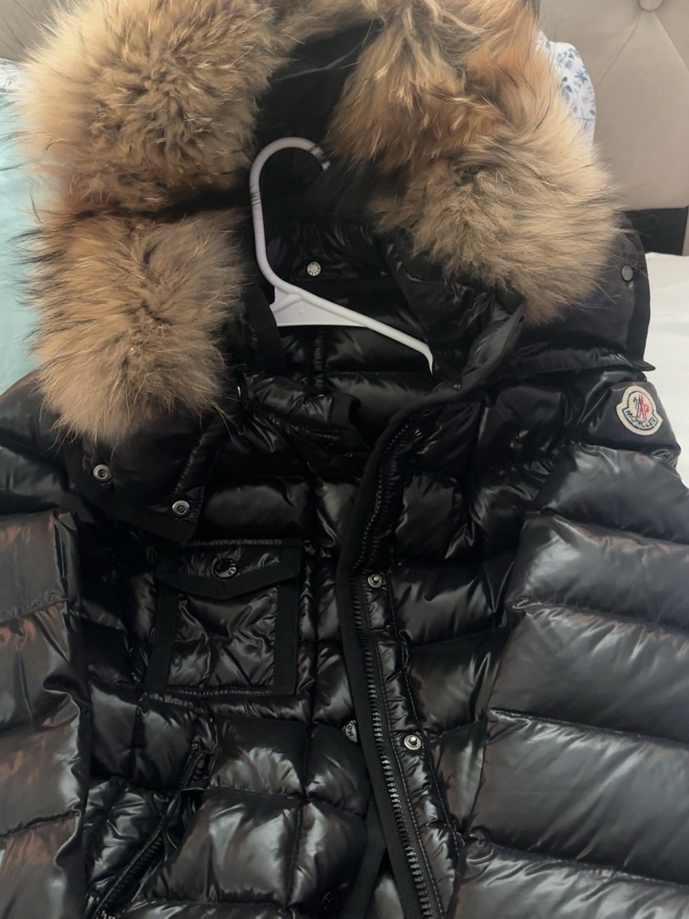 Moncler Black Shiny Quilted Down Jacket with Fur Trim Hood